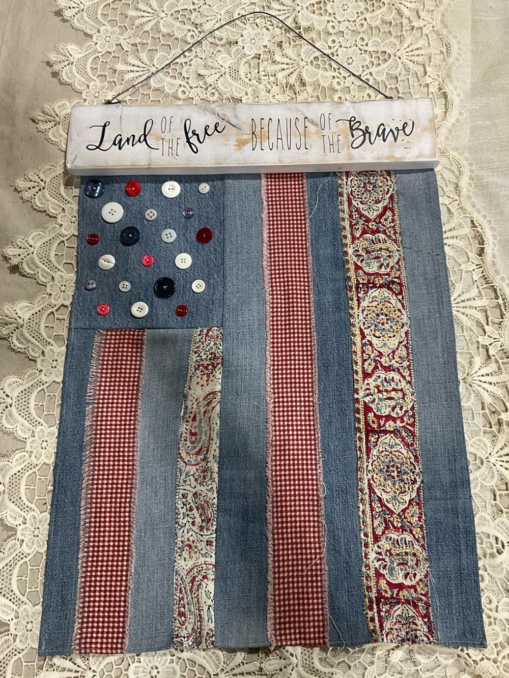 Handcrafted Fabric & Reclaimed Wood Patriotic Wall Hanging